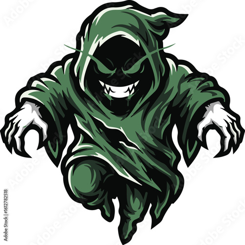 Vicious green phantom ghoul mascot. E-sport logo with a spooky evil ghost character in a hood. Vector illustration of a spectral monster.