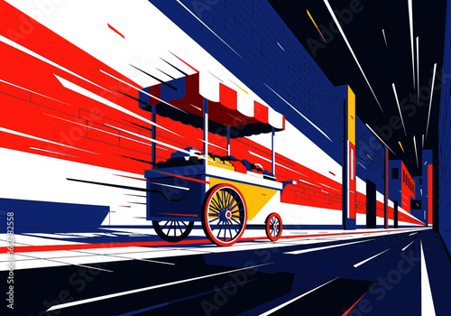 A dynamic illustration of a street food cart speeding through a stylized urban environment.