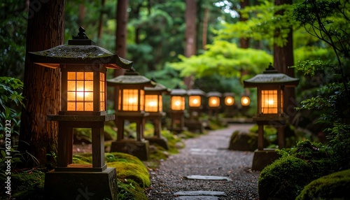 A stone path lined with illuminated lanterns winds through a lush, green forest