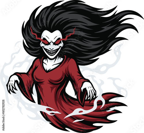 Fierce sorceress ghost mascot with glowing red eyes. Vector graphic of a terrifying female spirit for an emblem or Halloween design.