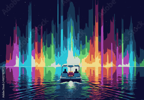 Two people in a boat sail on calm water towards a vibrant, abstract, colorful light display reflected on the surface.