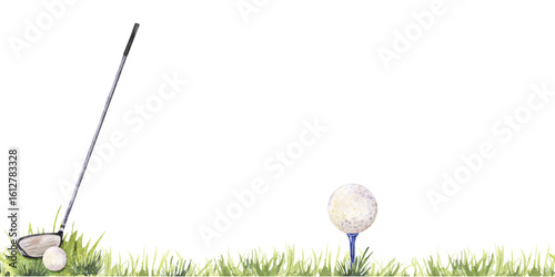 Seamless border of golf club hitting ball on grass in watercolor