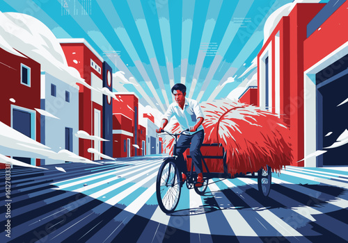 A man on a bicycle transports a large bale of red hay through a stylized, graphic city street.