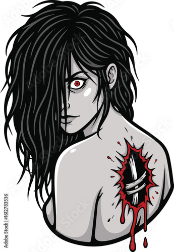 Dark horror illustration of a wounded female cyborg with glowing red eyes and a bleeding mechanical spine.