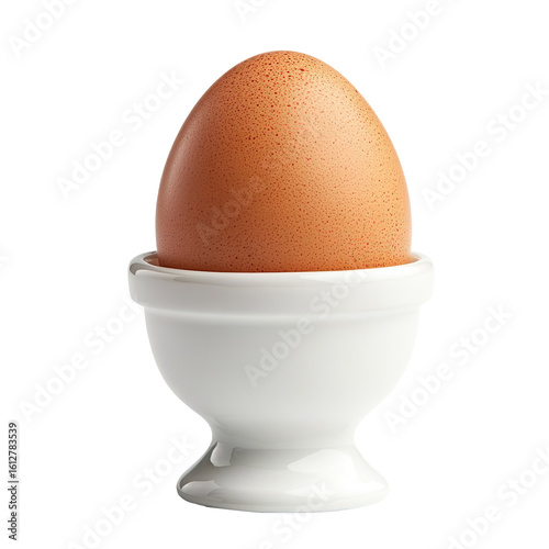 Single brown egg in white ceramic cup isolated on transparent background