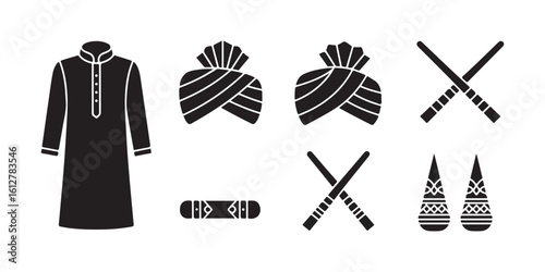 Black Silhouettes of Traditional Indian Festival Attire and Accessories
