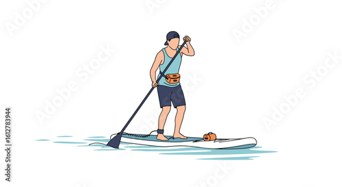 Active person paddling standing upright on a paddleboard on a calm body of water enjoying an outdoor recreation activity