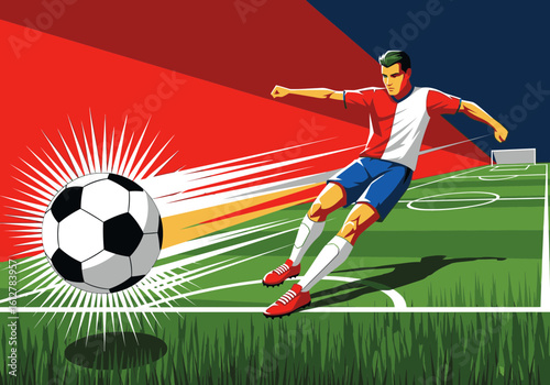 A dynamic illustration of a soccer player powerfully kicking a ball on a green field.
