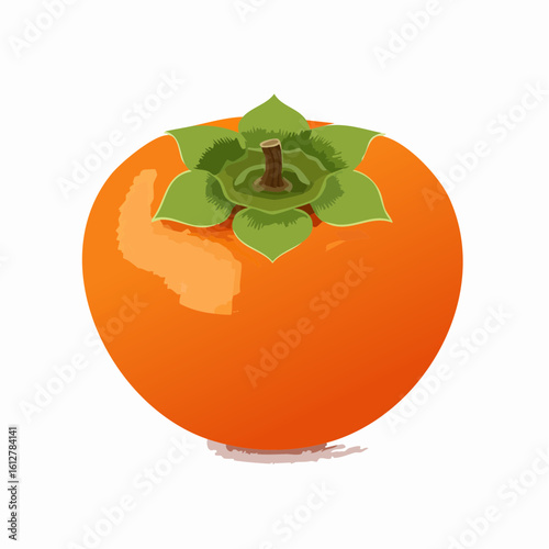 Vibrant Illustration of a Persimmon with Detailed Green Sepals and Shadow Effect
