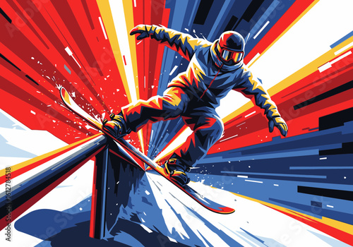 A dynamic illustration of a snowboarder grinding a rail against a vibrant, abstract background.