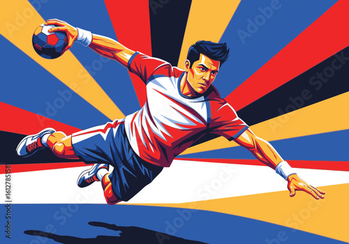 A dynamic, stylized illustration of a male handball player in mid-air, throwing the ball against a colorful, striped background.