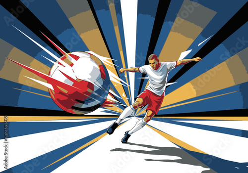 A dynamic illustration of a soccer player powerfully kicking a ball with explosive energy.