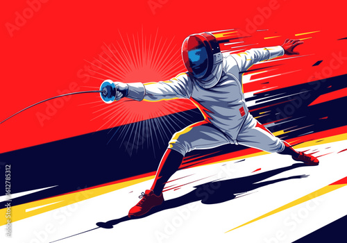 A stylized illustration of a fencer in a dynamic lunge, wearing a red mask and white uniform against a vibrant, abstract background.