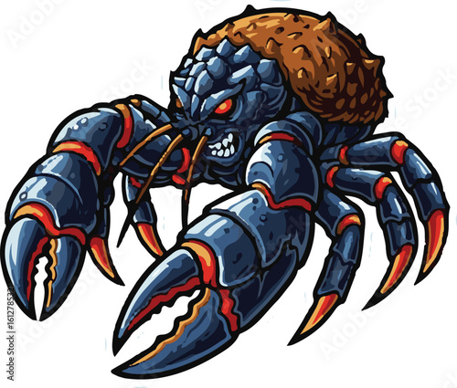 Cartoon illustration of a menacing crab with large claws and angry expression.