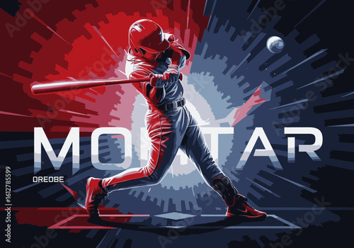 A baseball batter swings powerfully at the ball against a dynamic red and blue graphic background.