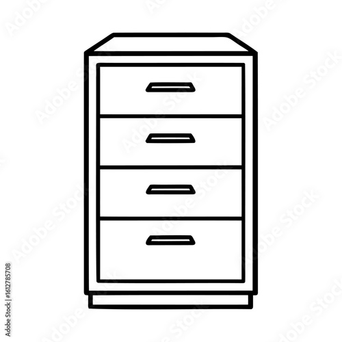 Black and white drawing of a four drawer filing cabinet