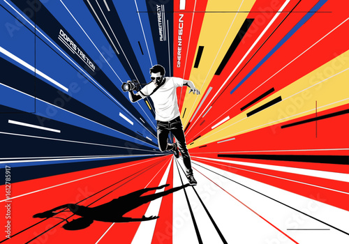 A stylized man runs urgently, casting a long shadow against a background of red, blue, and yellow speed lines.