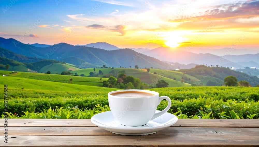 Serene sunrise over rolling green hills, a steaming cup of coffee rests on a wooden table in the foreground Serene sunrise over rolling green hills, a steaming cup of coffee rests on a wooden table in the foreground