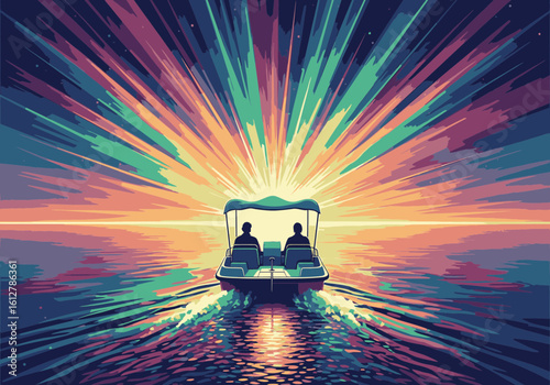 Two people in a motorboat cruise on calm water towards a vibrant, stylized sunset with radiating colors.