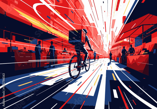 Stylized illustration of a delivery courier cycling at high speed through a dynamic city.