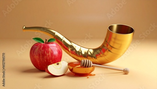 Lustrous Golden Shofar with Crisp Red Apple and Honey for Rosh Hashanah