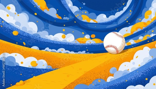 A stylized baseball flies through a vibrant blue and yellow sky with swirling clouds, capturing a dynamic and energetic atmosphere.