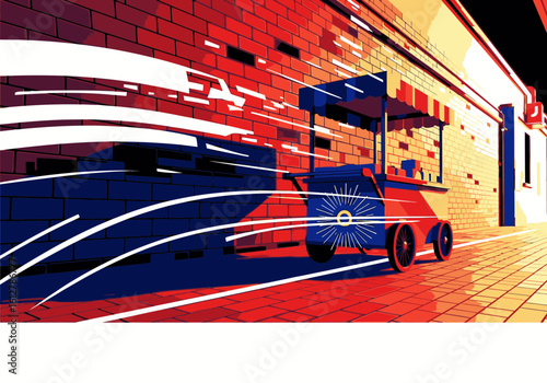 A stylized illustration of a food cart moving quickly down a brick-lined alleyway, depicted with motion blur and vibrant red and blue tones.