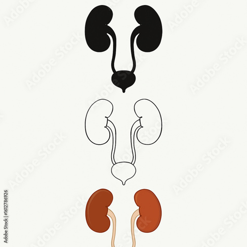 Vector set of human kidneys and urinary system in three styles: silhouette, detailed line art, and full-color anatomical design. Ideal for medical infographics, health education, and biology visuals