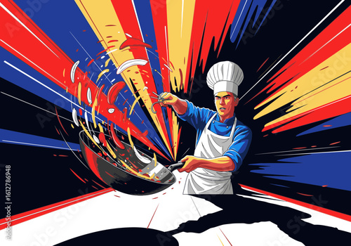 An energetic chef in a white toque and apron skillfully tosses food in a wok against a vibrant background.