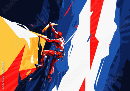 A dynamic illustration of a climber in red gear scaling a colorful, abstract mountain face with an ice axe.
