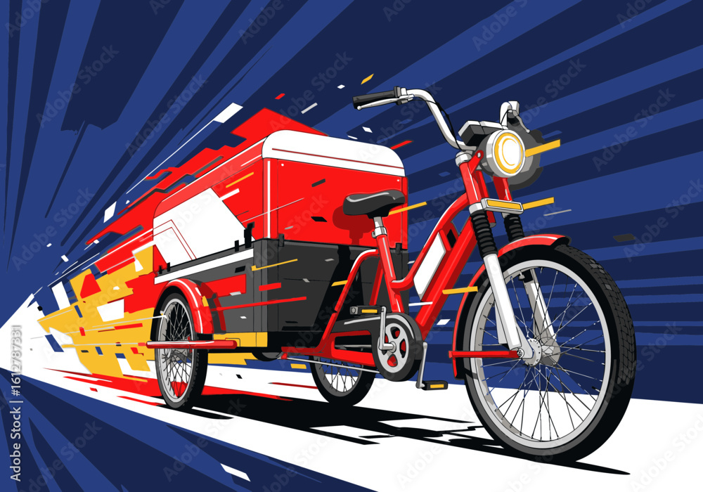 Obraz premium A dynamic graphic illustration of a red delivery tricycle speeding along, symbolizing fast and efficient shipping service.