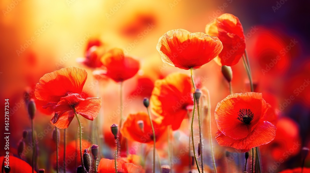 Fototapeta premium A vibrant sunset field adorned with red poppy flowers, bathed in warm golden light.