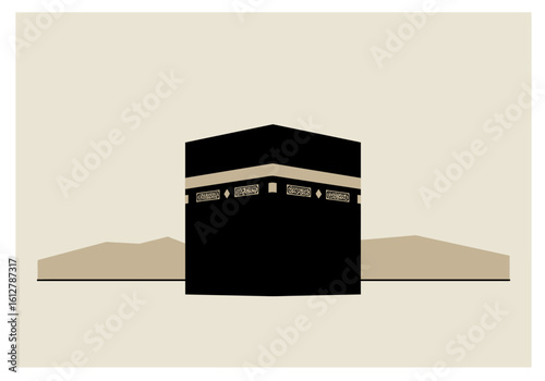 A minimalist graphic illustration of the sacred Kaaba in Mecca, the holy building for Islamic pilgrimage like Hajj and Umrah.