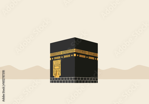 Flat vector illustration of the Holy Kaaba in Mecca, a sacred symbol for Islamic pilgrimage and spiritual worship.