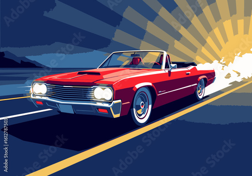 A stylized illustration of a classic red convertible muscle car speeding down a road at sunset.