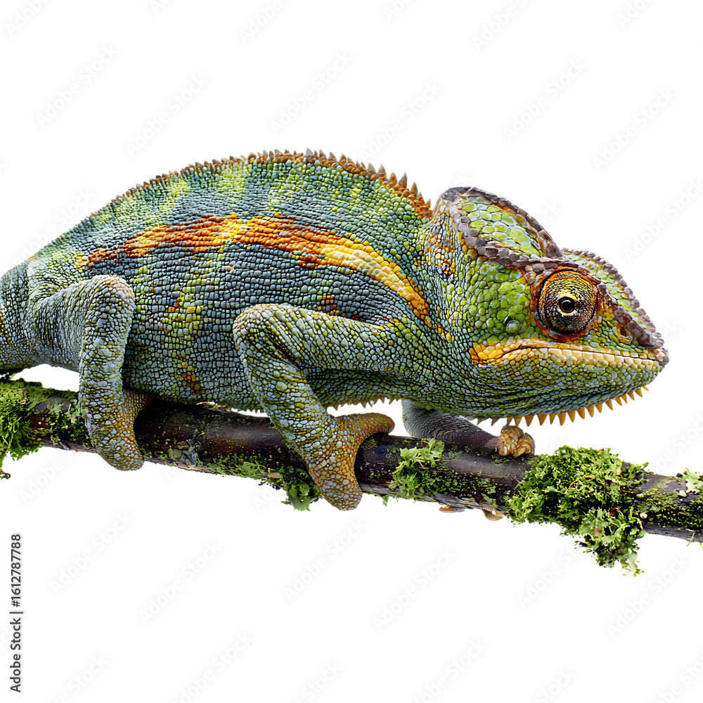 Obraz premium A chameleon displays its striking colors while gripping a natural branch on transparent background