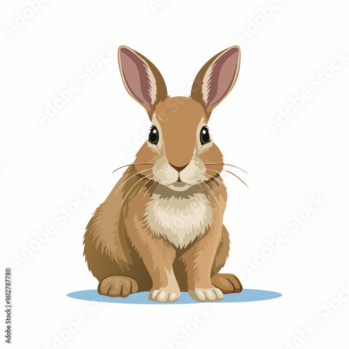Adorable cartoon brown rabbit sitting upright with its ears perked on white backdrop