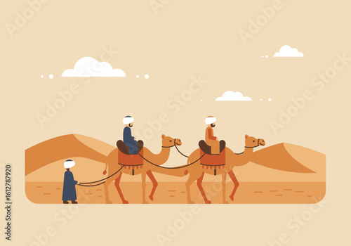 A flat design vector illustration of a traditional camel caravan with travelers journeying across a sandy desert with dunes.