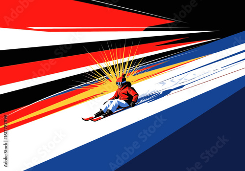 Dynamic illustration of a person sledding down a snowy hill with abstract, colorful speed lines.