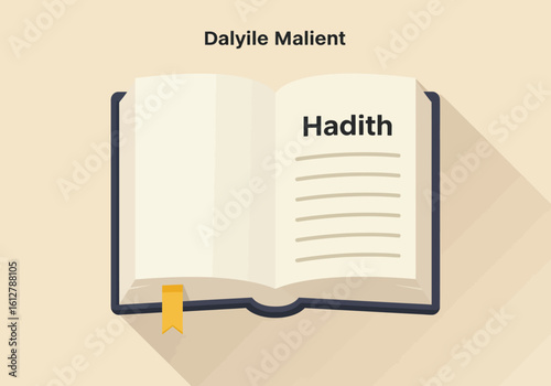 Open book of Hadith representing the study of Islamic teachings, prophetic traditions, and religious knowledge. Flat vector illustration.