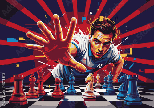 A dynamic illustration of an intense chess master reaching his hand over a red and blue board.