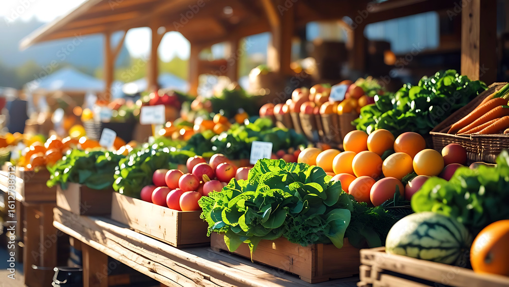 Fototapeta premium Fresh Produce Market Displayed Under Wooden Canopy