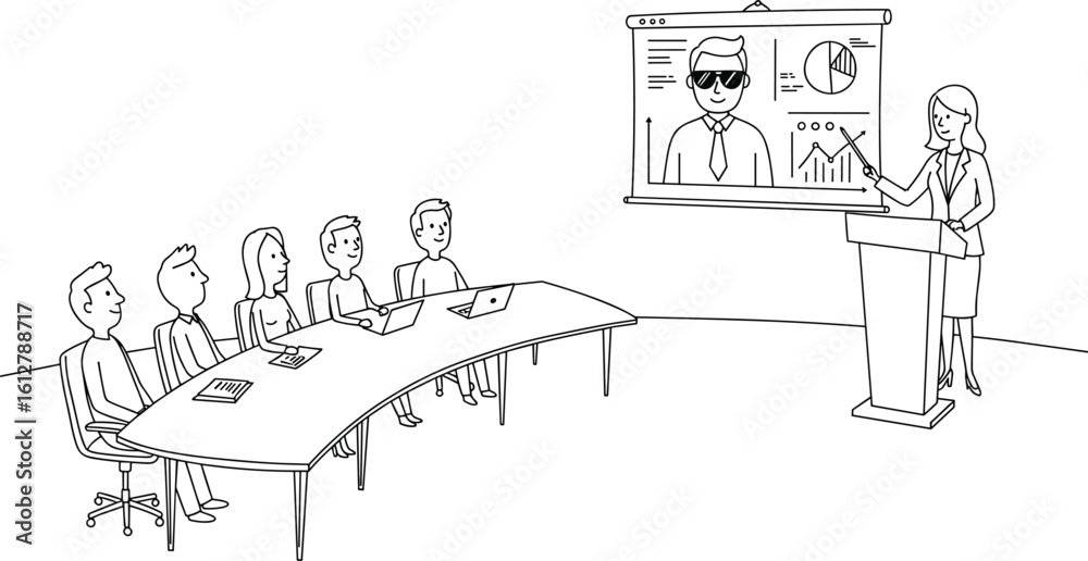 Cartoon Businesswoman Presenting Data to Office Team – Corporate Meeting with Graphs, Analysis Charts, and Team Collaboration Scene Cartoon Businesswoman Presenting Data to Office Team – Corporate Meeting with Graphs, Analysis Charts, and Team Collaboration Scene