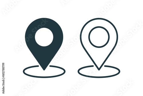 Two stylized location pins one solid and one outlined on white background