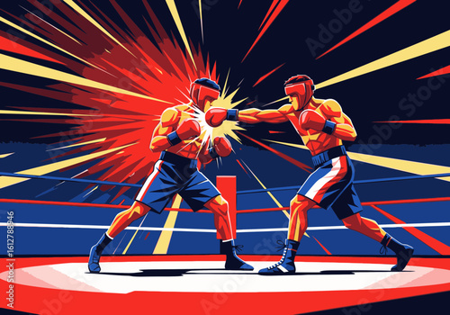 Two boxers in a dynamic match, one delivering a powerful punch with a burst of energy, set against a vibrant, stylized background within a boxing ring.