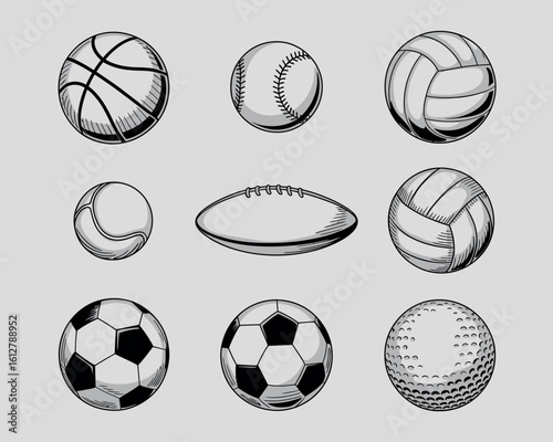 Collection of hand drawn sports balls in sketch style