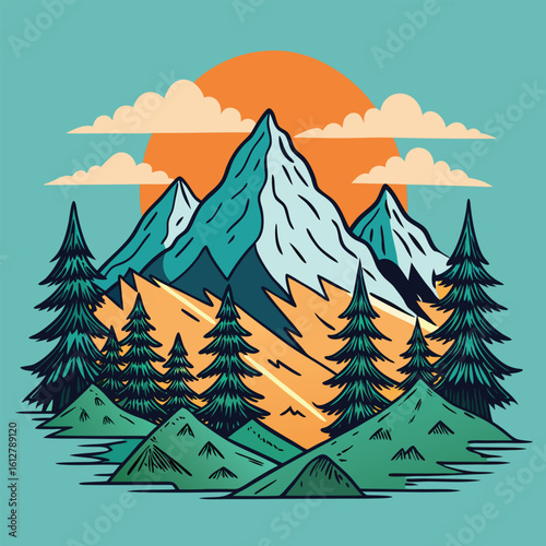 hand drawn mountain design. illustration of mountains and pine trees. 