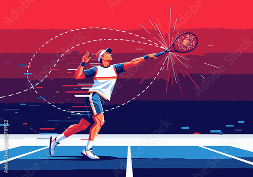 Stylized illustration of a tennis player in motion, executing a powerful serve on a blue and red court.