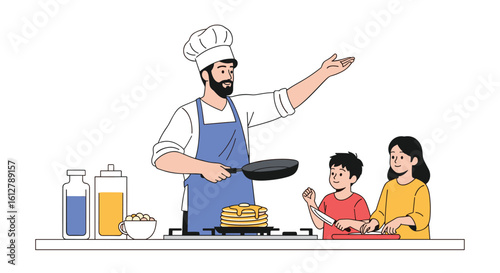 A father wearing a chef hat and apron happily cooks pancakes for his two children while they watch him with excitement in the kitchen