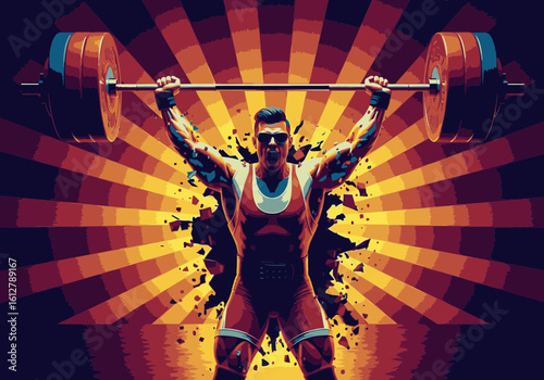 A powerful male weightlifter triumphantly lifts a heavy barbell overhead against a dynamic sunburst background.